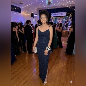 NWT Dark Navy Blue Shimmer Sparkle Prom Dress Cowl Neck Long Formal Gown 66” len